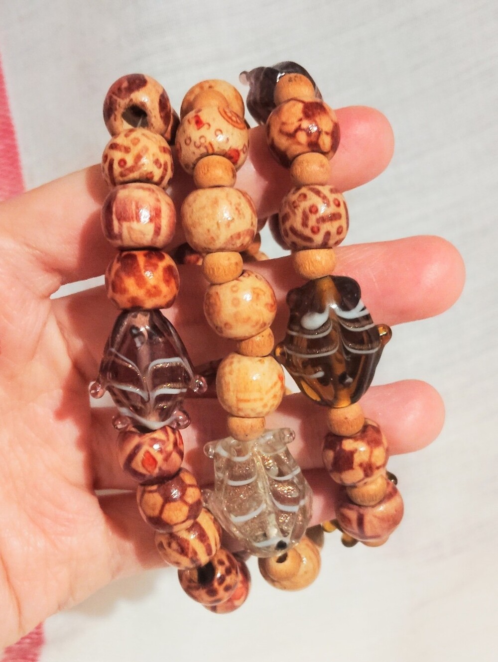 Handmade Bracelet One Of A Kind. Wood / Fish Glass Bracelet Lot Of 3. Size 7''
